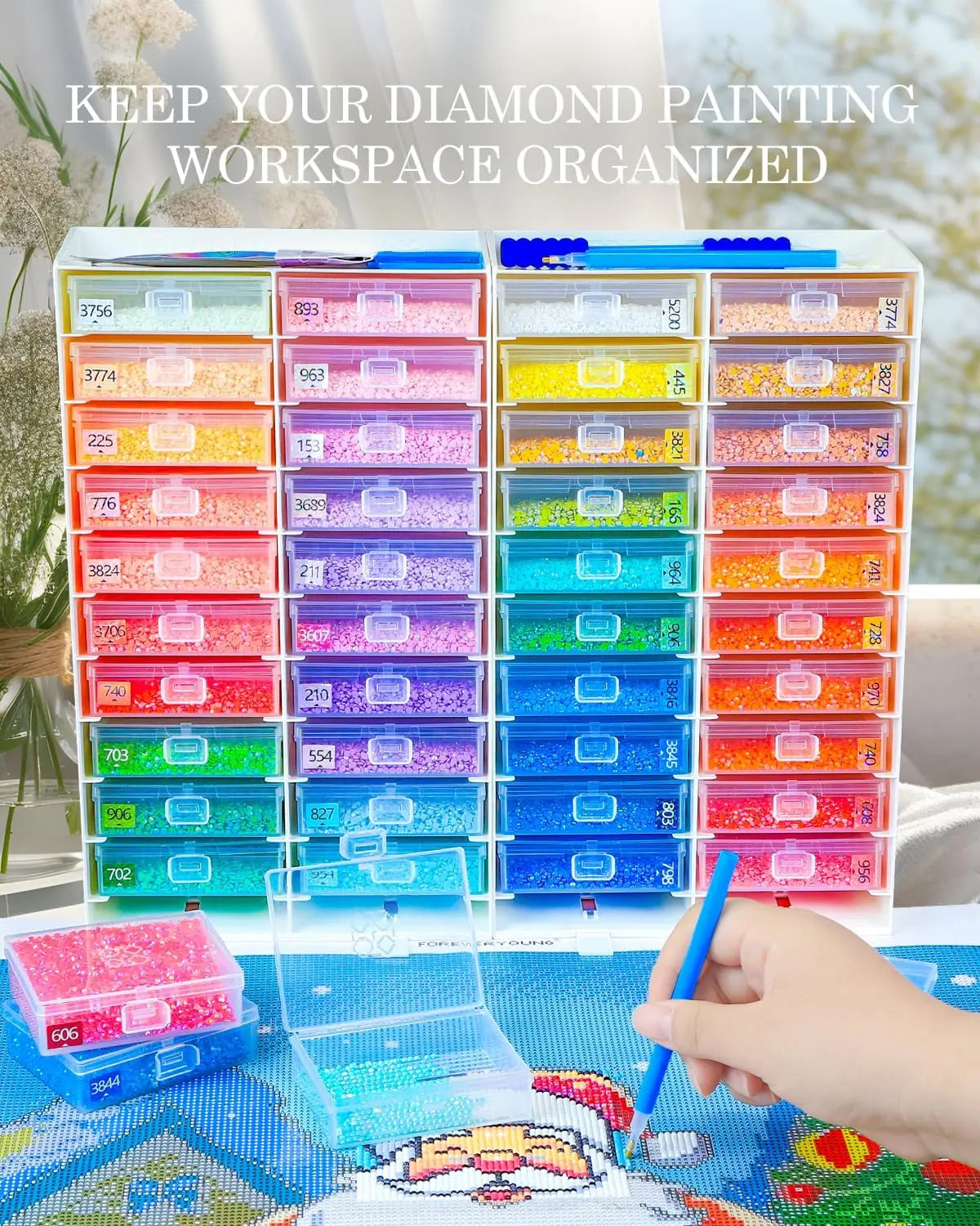 3-in-1 Diamond Art Tray Set, Diamond Art Storage Containers, Tray & Rack All-in-One with Top Tool Storage & Anti-Tip Stability, Diamond Painting Accessories and Tools (3 Packs, 60 PCS)