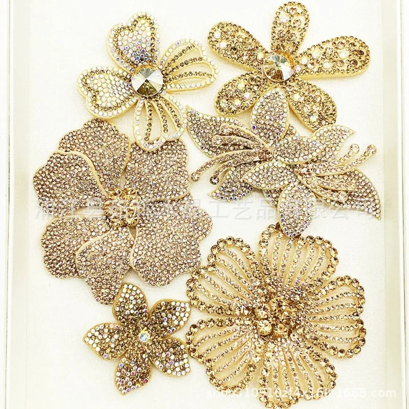 6Pcs Champagne Rhinestone Flower Appliques DIY Hand Sew On Crystal Floral Patches Decorations For Clothing Shoes Hats Bags Garme