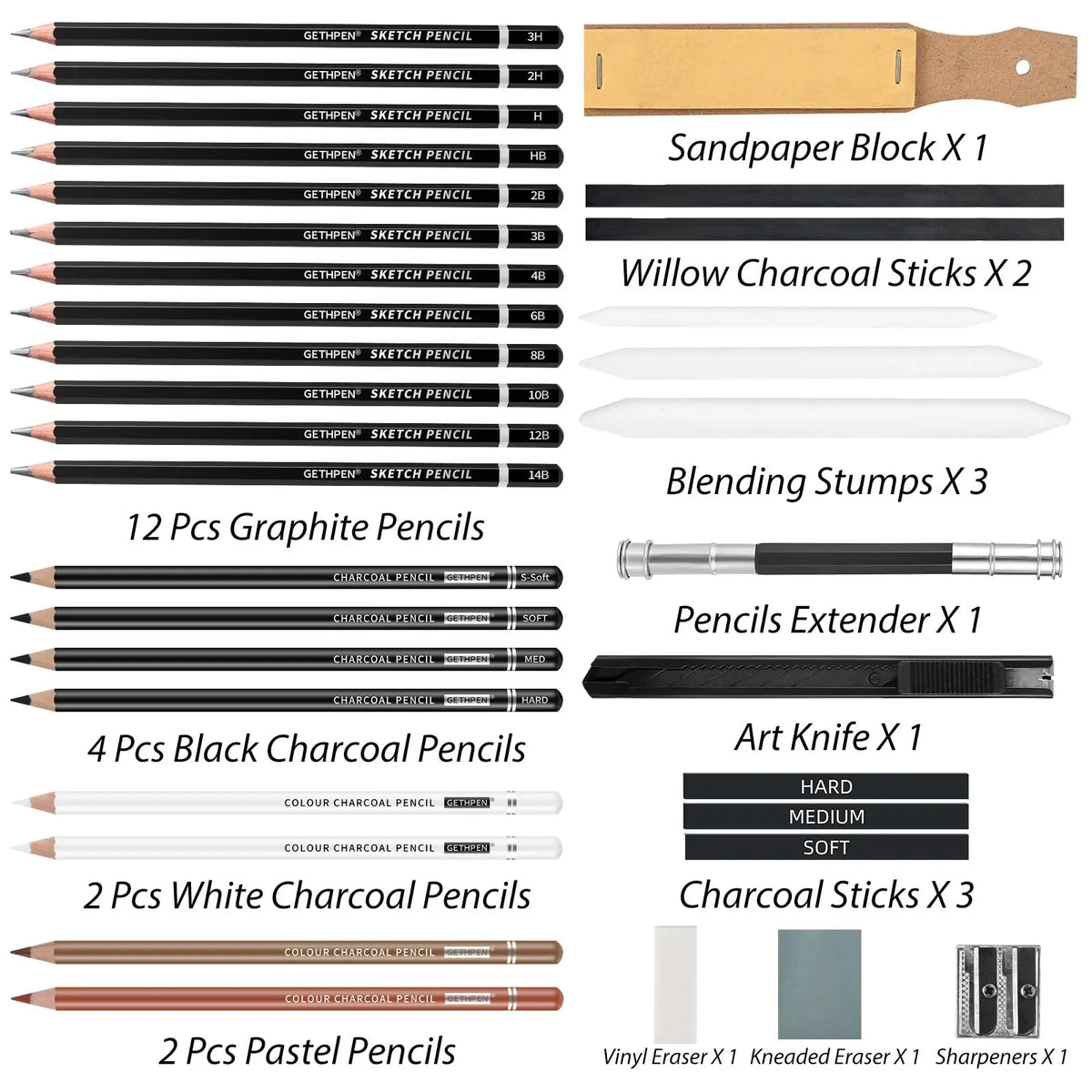 Professional Drawing Pencils 34 Pack, Graphite Sticks & Charcoal, Art Supplies for Sketching & Shading