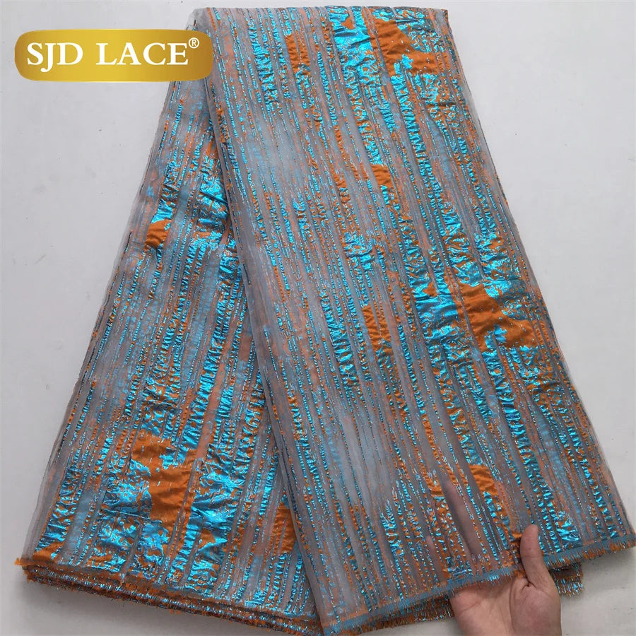 SJD LACE Nigerian Tulle Mesh Brocade Lace Fabric 5Yards French Metallic Stripe Sheer DIY Sewing Material For Women Wedding Prom Party Evening Formal Gown African Style Cloth 4096