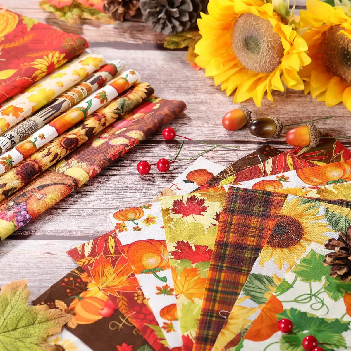 25x25cm Cotton Quilting Fabric Bundles, 70pcs Autumn Fall Pumpkin Sunflower Square Patchwork High-quality materials Wide Application
