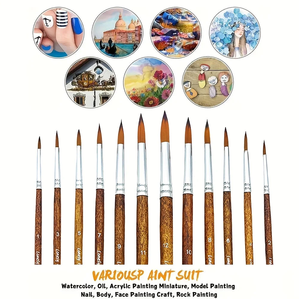 12pcs Premium Artist Paint Brush Set - Soft Synthetic Nylon, Versatile Round Pointed Tips for Acrylic, Watercolor, Oil & Gouache