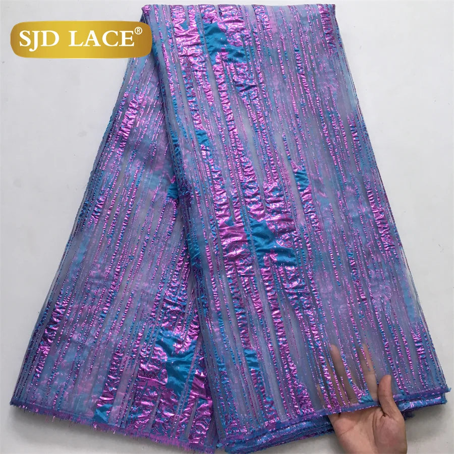 SJD LACE Nigerian Tulle Mesh Brocade Lace Fabric 5Yards French Metallic Stripe Sheer DIY Sewing Material For Women Wedding Prom Party Evening Formal Gown African Style Cloth 4096