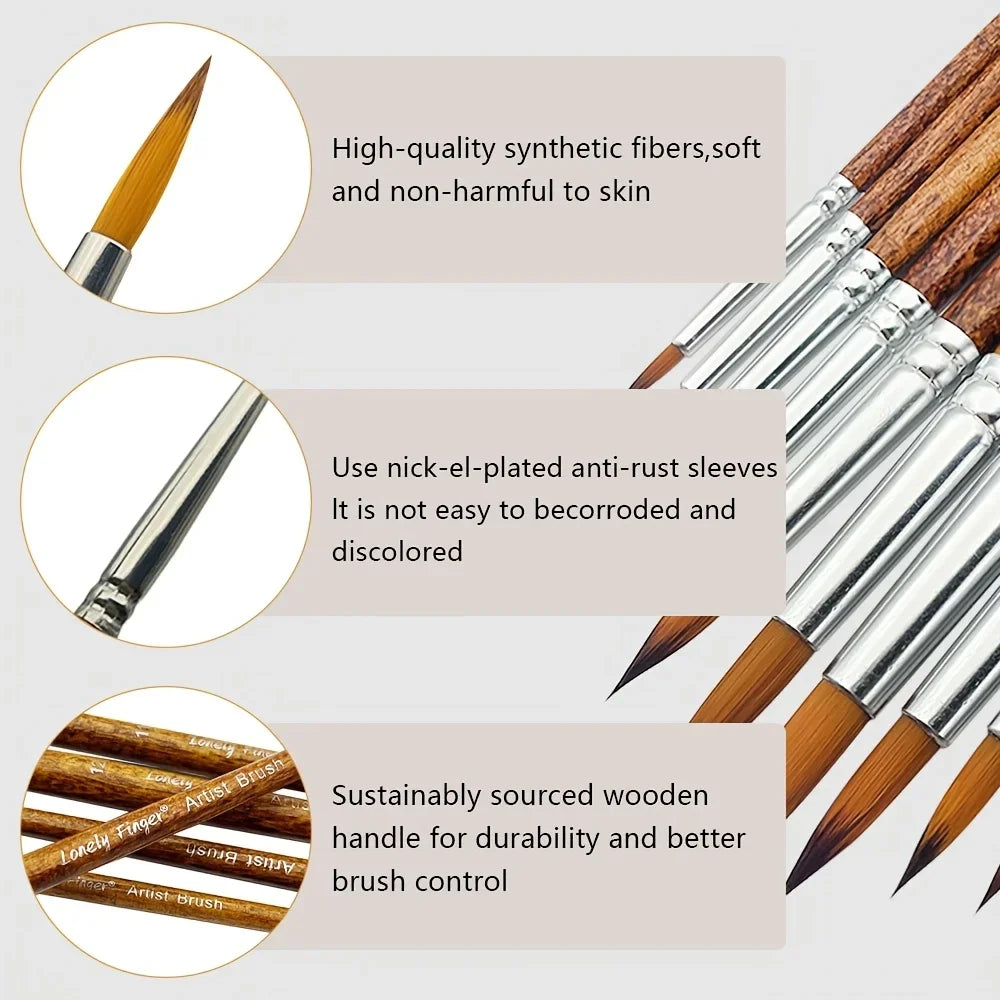 12pcs Premium Artist Paint Brush Set - Soft Synthetic Nylon, Versatile Round Pointed Tips for Acrylic, Watercolor, Oil & Gouache