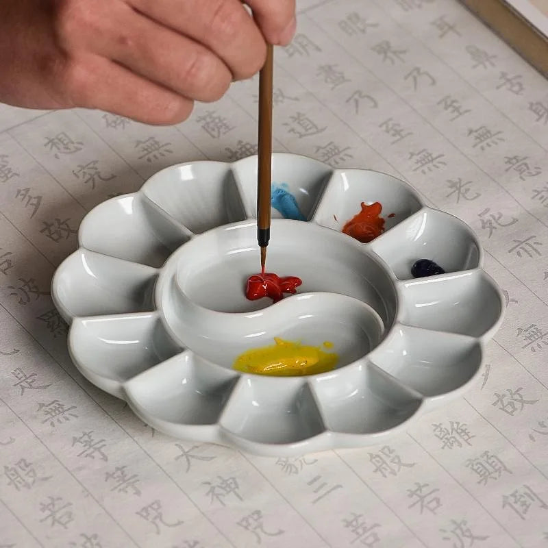 1Pc Ceramic Paint Palette, Creative Chinese Style Design, For Chinese Ink Painting, Student Calligraphy & Art Supplies