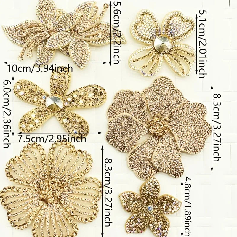6Pcs Champagne Rhinestone Flower Appliques DIY Hand Sew On Crystal Floral Patches Decorations For Clothing Shoes Hats Bags Garme