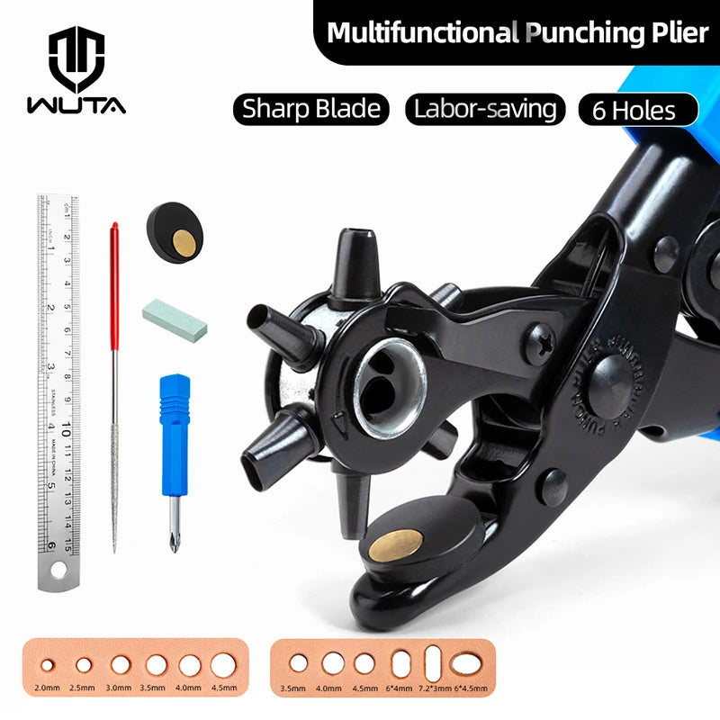 WUTA Revolving Leather Belt Hole Punch Plier Kit, Eyelet Puncher,DIY Tool Set for Belts, Watch Bands, Straps, Dog Collars,Fabric