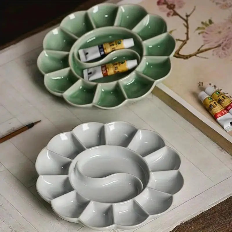 1Pc Ceramic Paint Palette, Creative Chinese Style Design, For Chinese Ink Painting, Student Calligraphy & Art Supplies