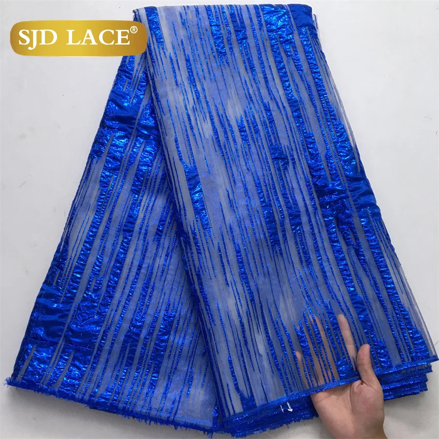 SJD LACE Nigerian Tulle Mesh Brocade Lace Fabric 5Yards French Metallic Stripe Sheer DIY Sewing Material For Women Wedding Prom Party Evening Formal Gown African Style Cloth 4096