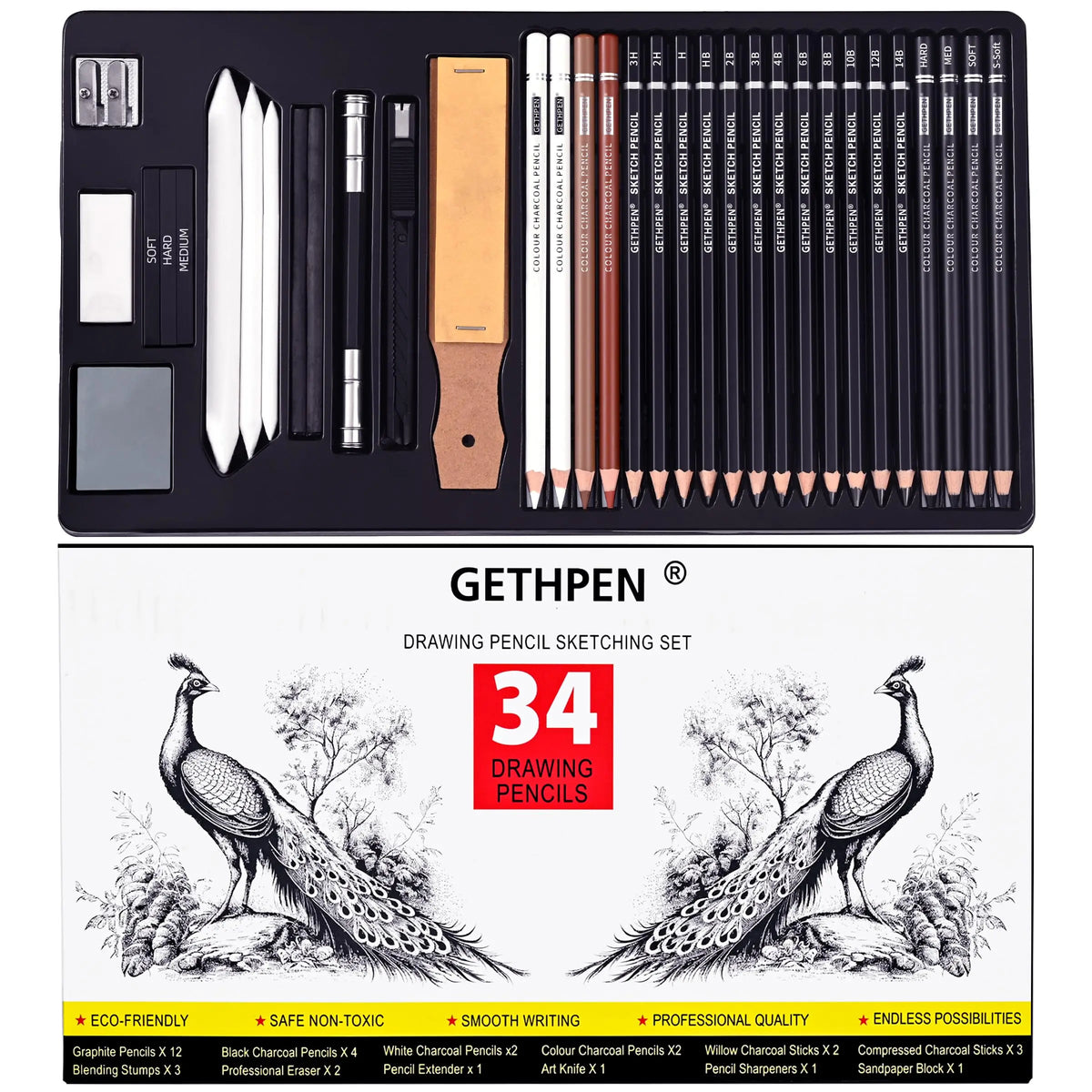 Professional Drawing Pencils 34 Pack, Graphite Sticks & Charcoal, Art Supplies for Sketching & Shading