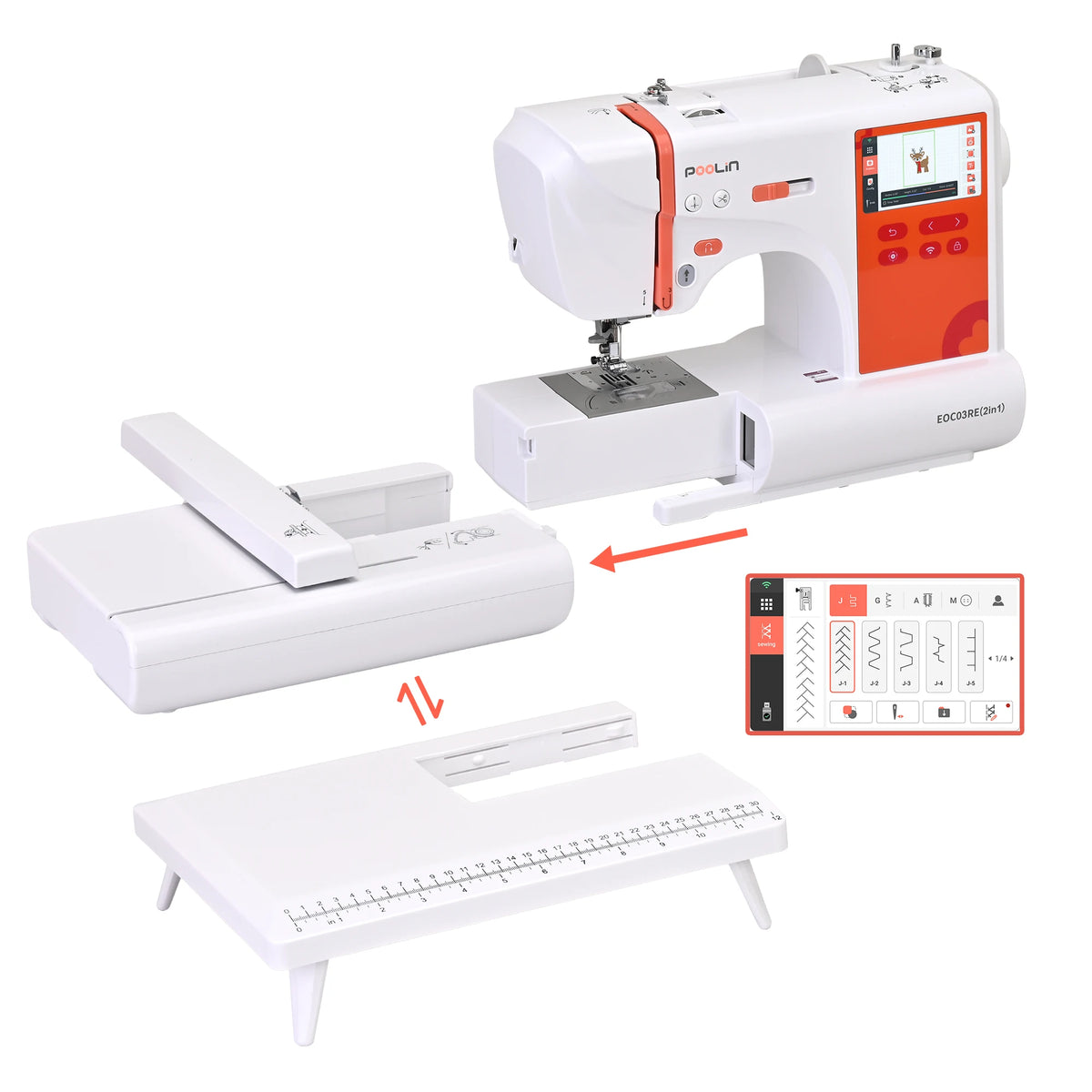 PooLin EOC03RE(2in1) Home Computerized Sewing & Embroidery Machine , 4.3" Touch Screen with Wireless Connectivity