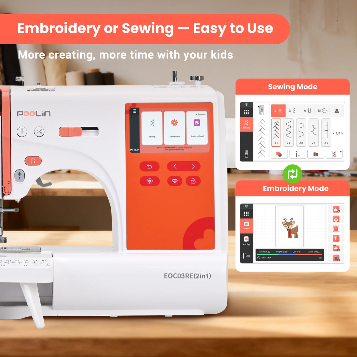 PooLin EOC03RE(2in1) Home Computerized Sewing & Embroidery Machine , 4.3" Touch Screen with Wireless Connectivity