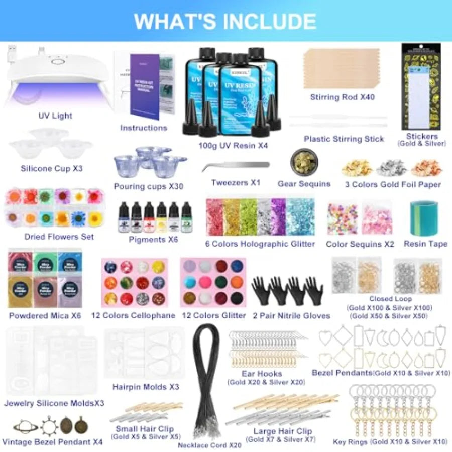 UV Resin Jewelry Making Kit, Crystal Clear Resins with Light and Molds, DIY Jewelry Making Resin Kits, Resina Starter Kit for K
