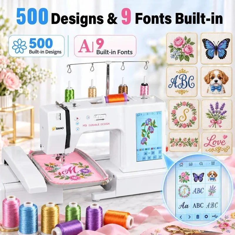7 Inch LCD Screen Automatic Embroidery Machine Computerized Embroidery & Sewing Machine 500 Built-in Patterns USB DST Thread Break Detection Foot Pedal for Home DIY Clothing Logo Beginners