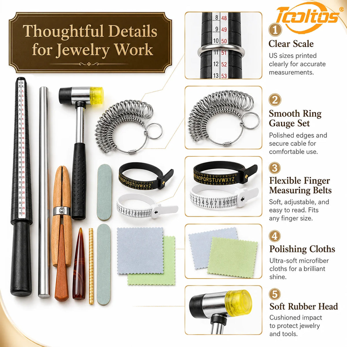 TOOLTOS 13PCS Ring Sizing Tool Kit with Mandrel Sizer Gauge Ring Enlarger Hammer Measuring Belt Jewelry Repair Making Tools
