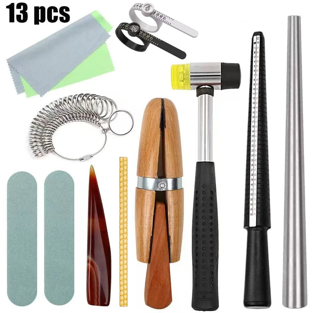 TOOLTOS 13PCS Ring Sizing Tool Kit with Mandrel Sizer Gauge Ring Enlarger Hammer Measuring Belt Jewelry Repair Making Tools