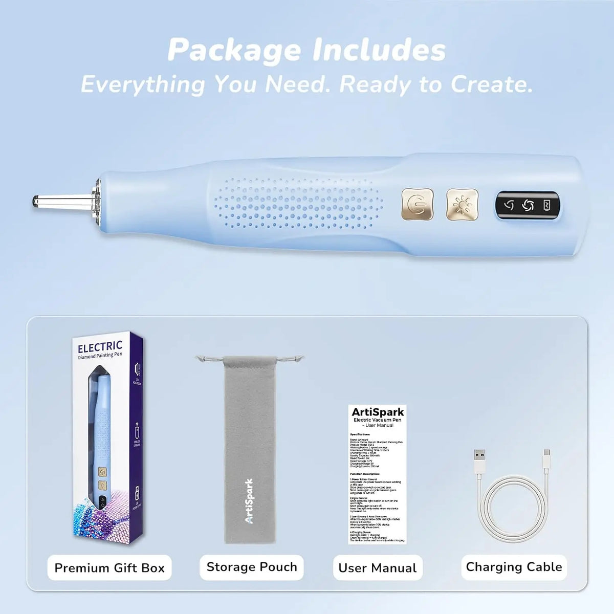 Electric Diamond Painting Pen with Light Rechargeable Wireless Vacuum Pen for Diamond Art with Ergonomic Grip; 2 Suction Gears; No Wax Needed