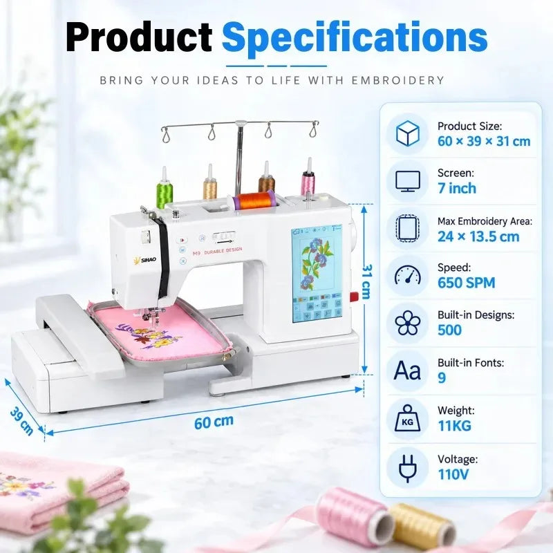 7 Inch LCD Screen Automatic Embroidery Machine Computerized Embroidery & Sewing Machine 500 Built-in Patterns USB DST Thread Break Detection Foot Pedal for Home DIY Clothing Logo Beginners