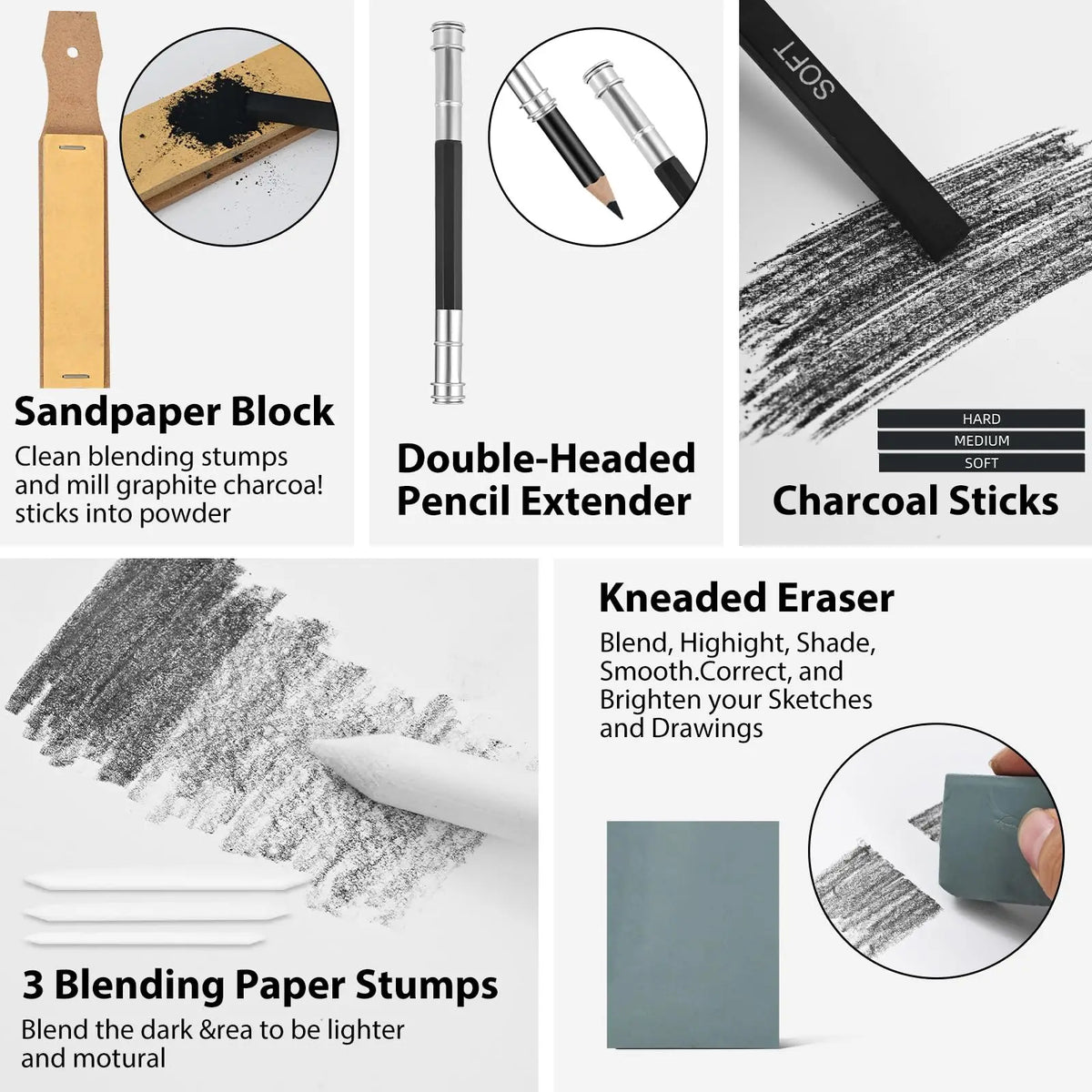 Professional Drawing Pencils 34 Pack, Graphite Sticks & Charcoal, Art Supplies for Sketching & Shading