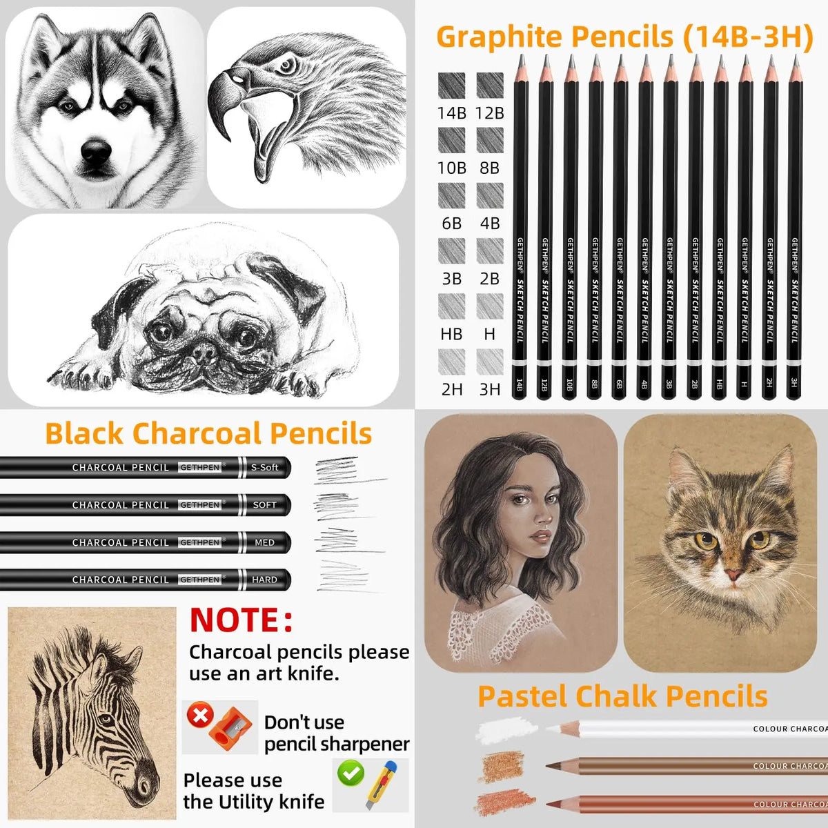 Professional Drawing Pencils 34 Pack, Graphite Sticks & Charcoal, Art Supplies for Sketching & Shading