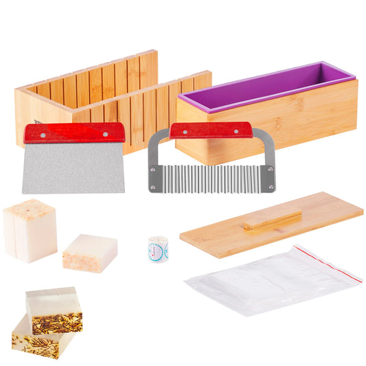 SucceBuy Soap Making Kit Bamboo Cutting Box and Inner Box with Silicone Mold Stainless Steel Straight Cutter and Wavy Cutter