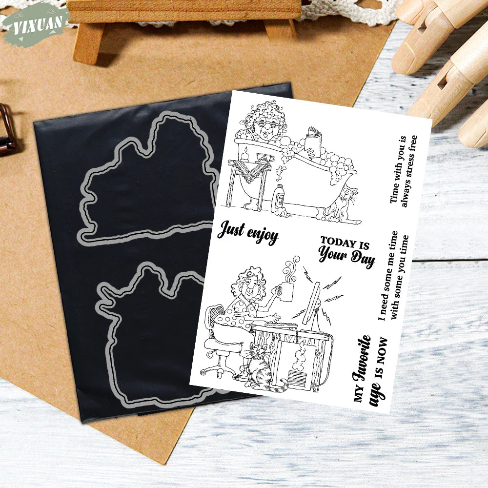 Relaxing Old Lady Life Cutting Dies Clear Stamp Set DIY Scrapbooking Metal Dies Silicone Stamp For Card Making Albums Decor