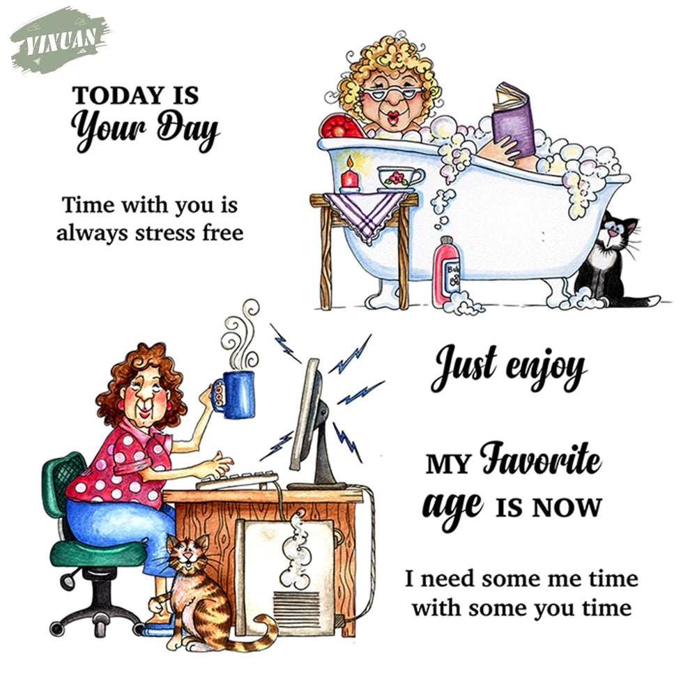 Relaxing Old Lady Life Cutting Dies Clear Stamp Set DIY Scrapbooking Metal Dies Silicone Stamp For Card Making Albums Decor