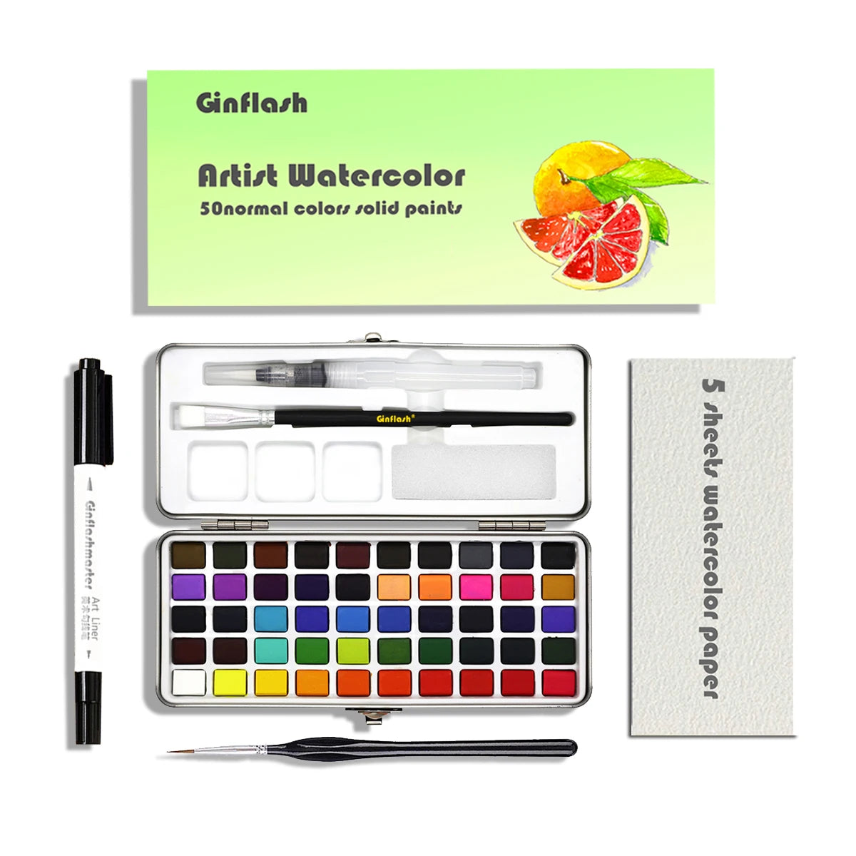 50/90 Color Solid Watercolor Paint Set Glitter Portable Metal Box Watercolor Pigment squirrel hair brush nail art