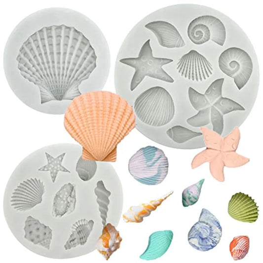 3 PCS Marine Theme Cake Fondant Silicone Mold Seashell Conch Starfish Coral Baking Molds for DIY Cake Decoration Chocolate Cand