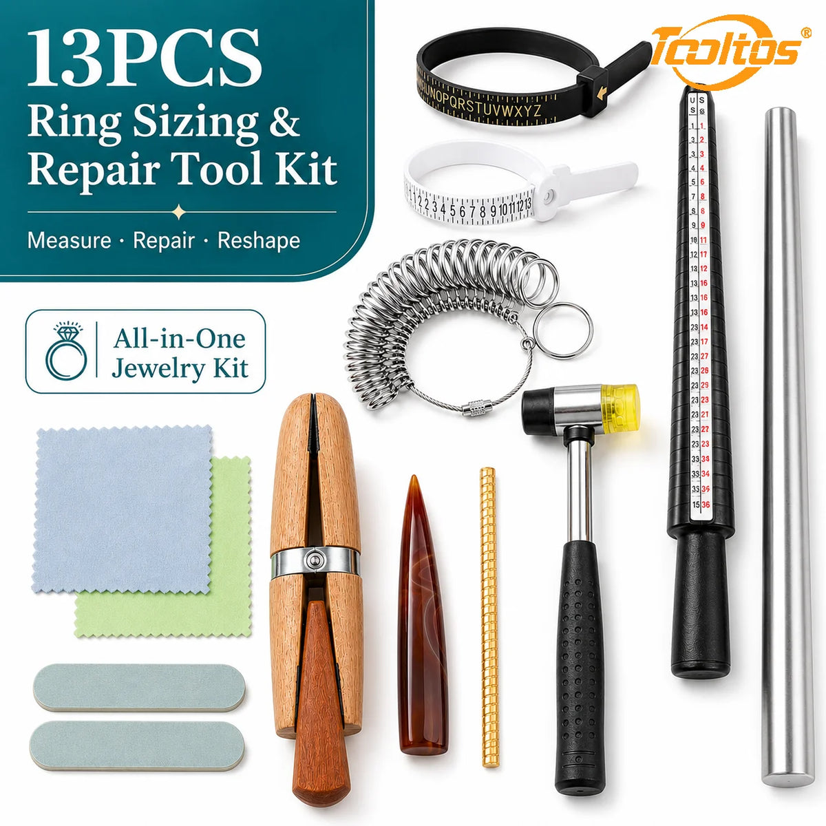 TOOLTOS 13PCS Ring Sizing Tool Kit with Mandrel Sizer Gauge Ring Enlarger Hammer Measuring Belt Jewelry Repair Making Tools