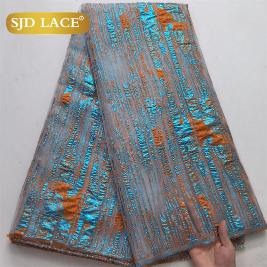 SJD LACE Nigerian Tulle Mesh Brocade Lace Fabric 5Yards French Metallic Stripe Sheer DIY Sewing Material For Women Wedding Prom Party Evening Formal Gown African Style Cloth 4096