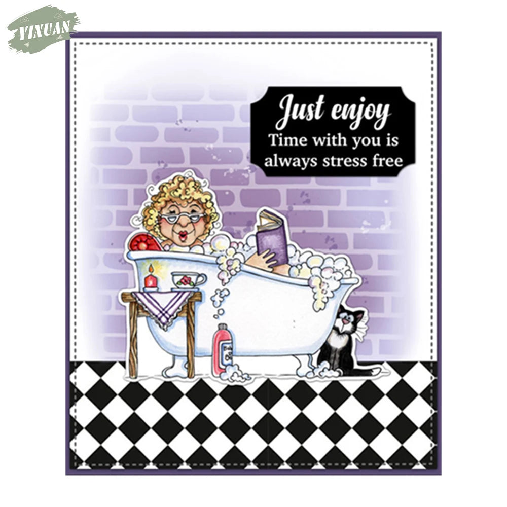 Relaxing Old Lady Life Cutting Dies Clear Stamp Set DIY Scrapbooking Metal Dies Silicone Stamp For Card Making Albums Decor