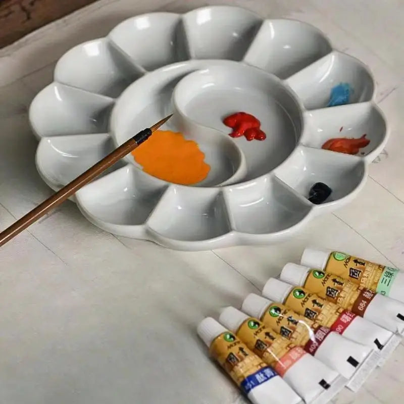 1Pc Ceramic Paint Palette, Creative Chinese Style Design, For Chinese Ink Painting, Student Calligraphy & Art Supplies