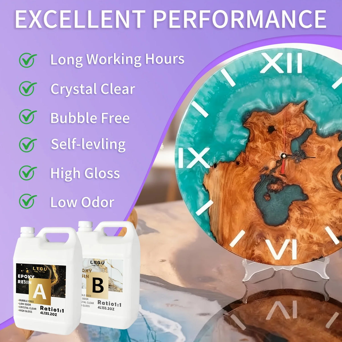 LEQU 8000MLCrystal Clear 1:1Epoxy Resin Kit-No Yellowing, Bubble-free, High Gloss, Fast-curing, Highly Durable, Art Resin, Suitable For River-table Projects, Art Casting, Jewelry Making, Handmade Gifts And Projects, Molds