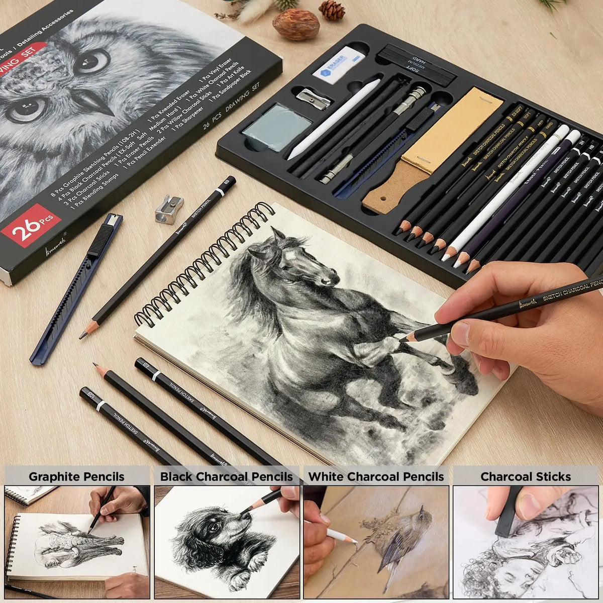 Professional Charcoal Pencils, 26 Pack Sketching Set with Blending, Art Supplies for Drawing Shading, for Adults & Students