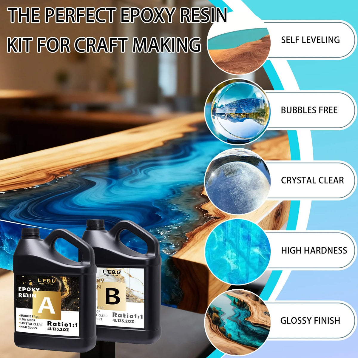 LEQU 8-Liter Epoxy Resin Kit, Large Capacity, Bubble-Free, Fast-Curing Transparent Epoxy Resin Two-Part High-Gloss Resin. Suitable for Casting Coatings, Countertops, Tabletops, Resin Art Crafts, And Jewelry