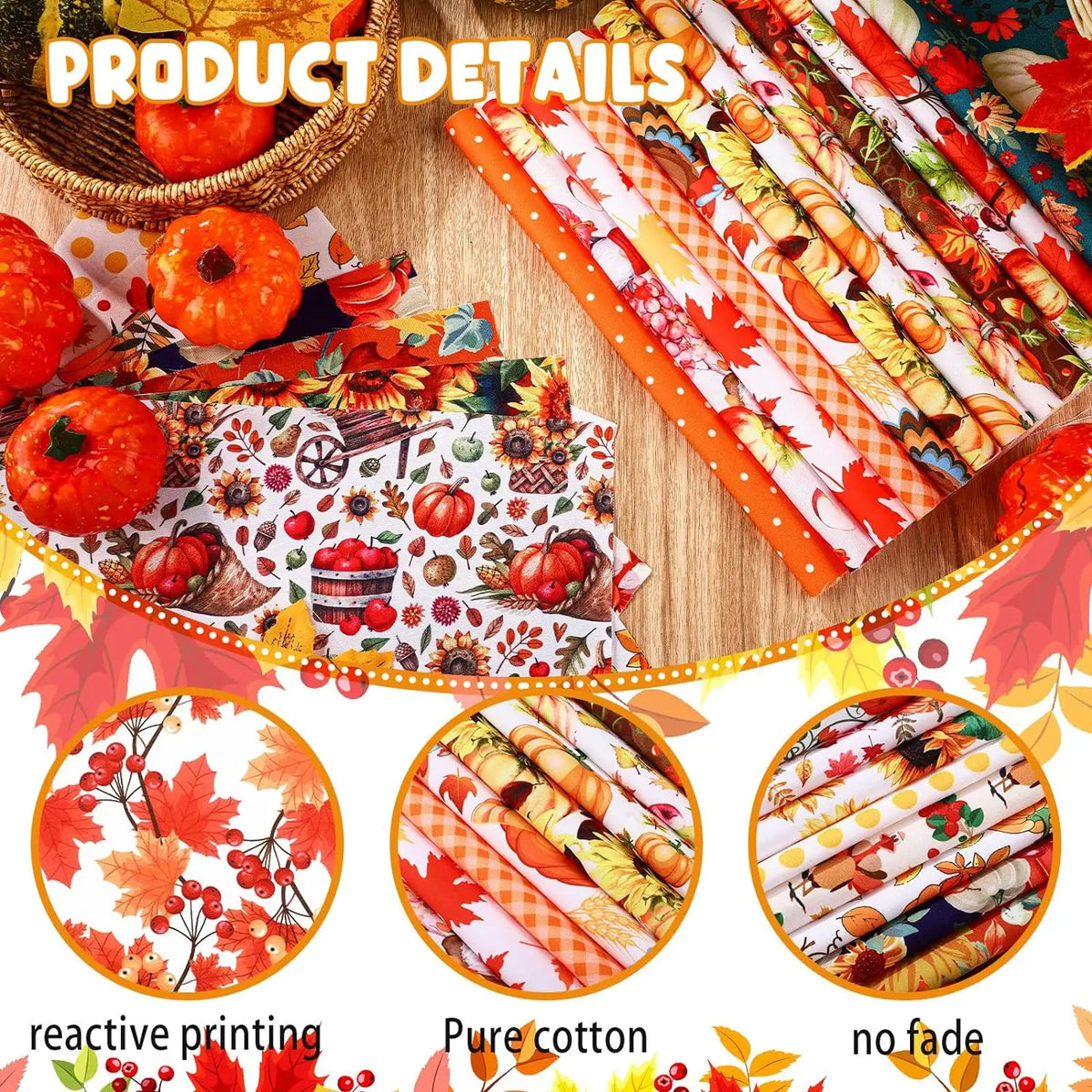 25x25cm Cotton Quilting Fabric Bundles, 70pcs Autumn Fall Pumpkin Sunflower Square Patchwork High-quality materials  Wide Application