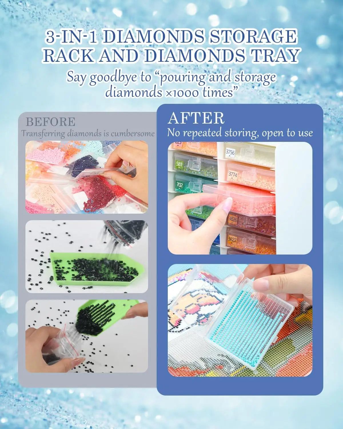 3-in-1 Diamond Art Tray Set, Diamond Art Storage Containers, Tray & Rack All-in-One with Top Tool Storage & Anti-Tip Stability, Diamond Painting Accessories and Tools (3 Packs, 60 PCS)