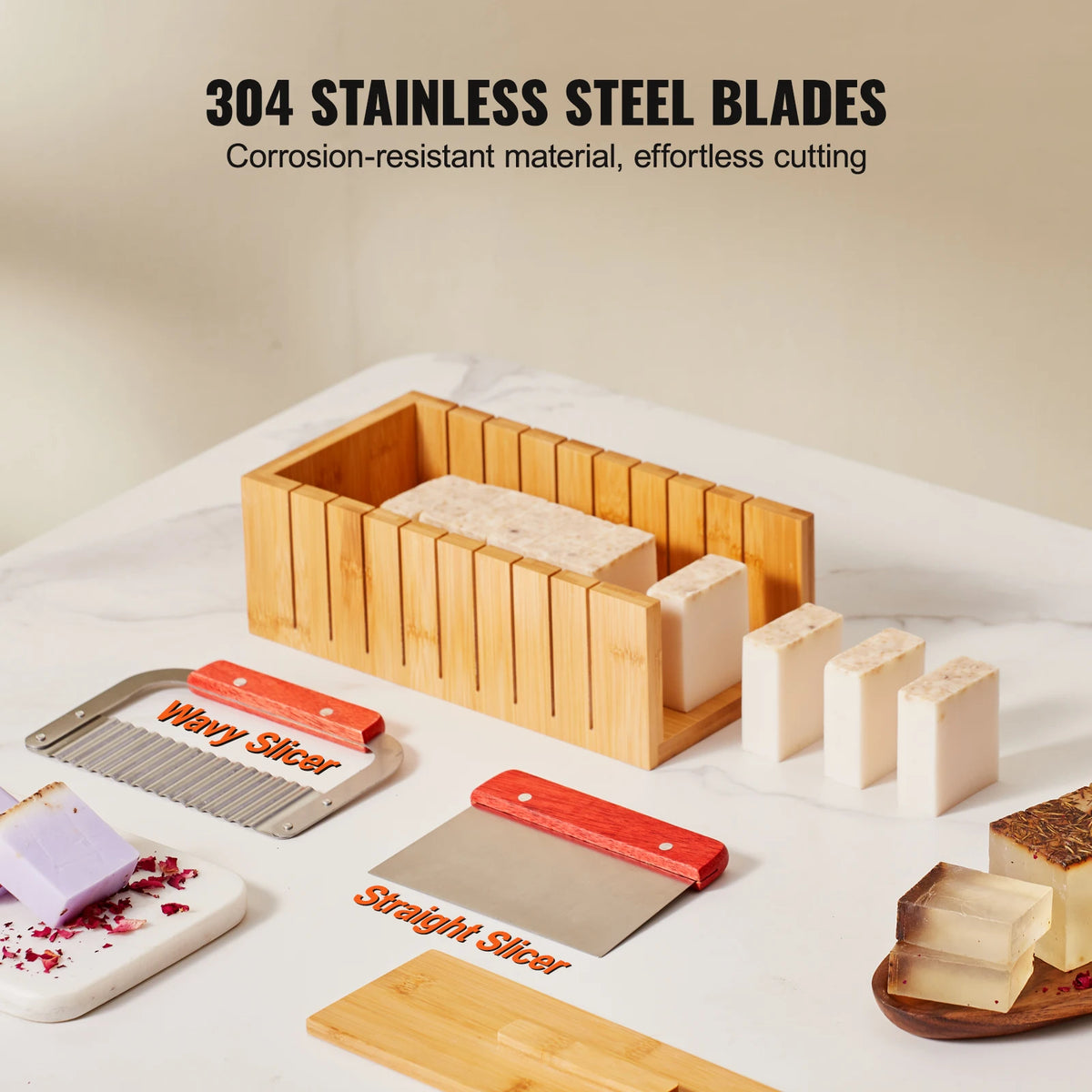 SucceBuy Soap Making Kit Bamboo Cutting Box and Inner Box with Silicone Mold Stainless Steel Straight Cutter and Wavy Cutter