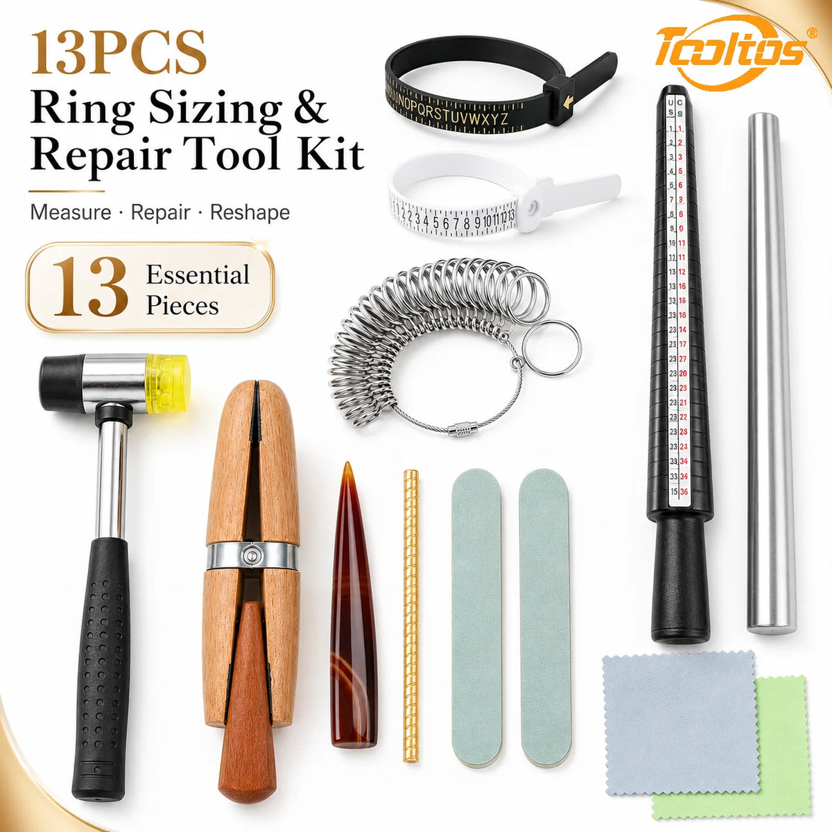 TOOLTOS 13PCS Ring Sizing Tool Kit with Mandrel Sizer Gauge Ring Enlarger Hammer Measuring Belt Jewelry Repair Making Tools