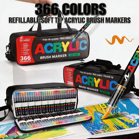 288/366Colors Straight Liquid Acrylic Markers, Soft Brush Tip, Quick Dry Paint Pens For Wood Plastic Metal, Portable Hard Case For Artists & Crafts