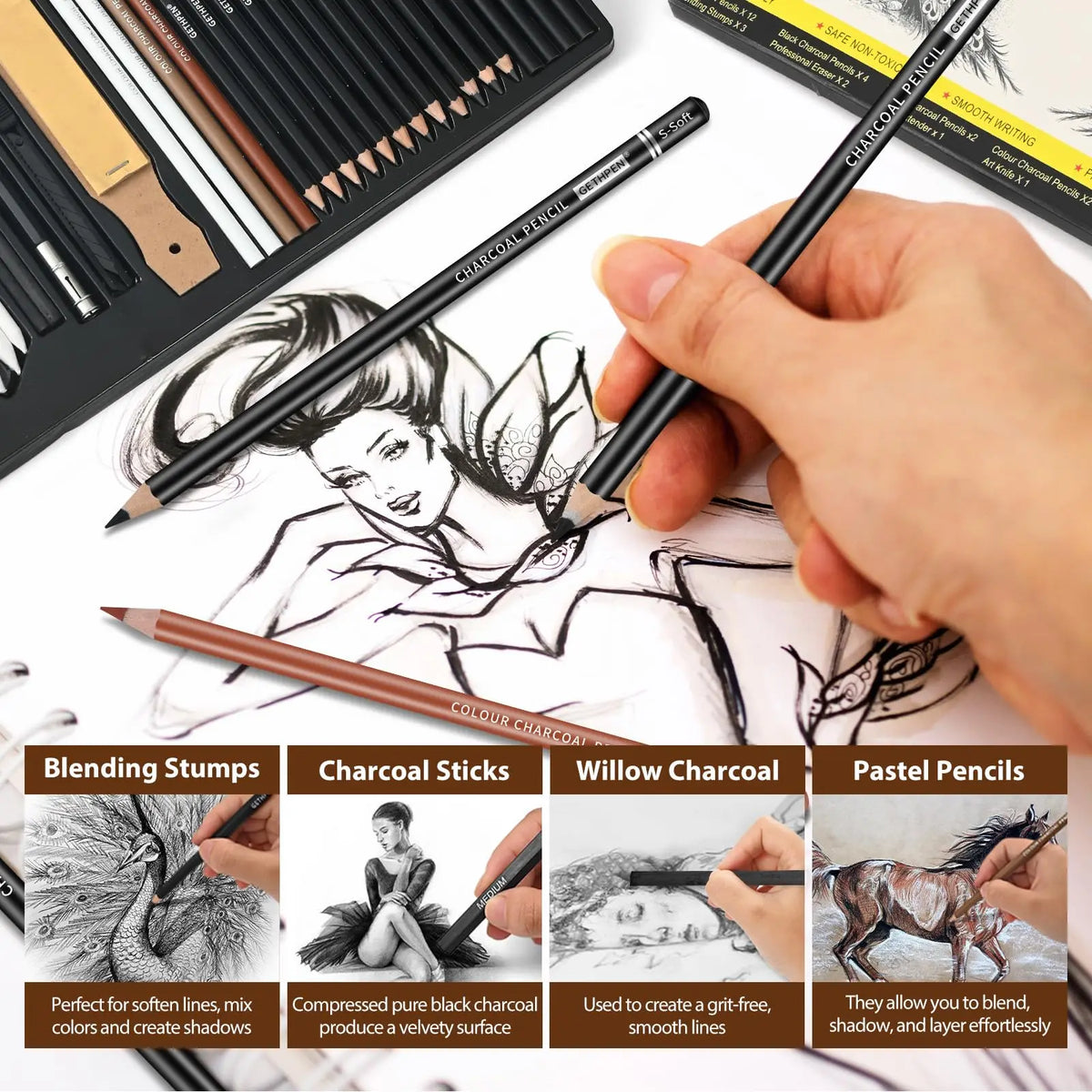 Professional Drawing Pencils 34 Pack, Graphite Sticks & Charcoal, Art Supplies for Sketching & Shading