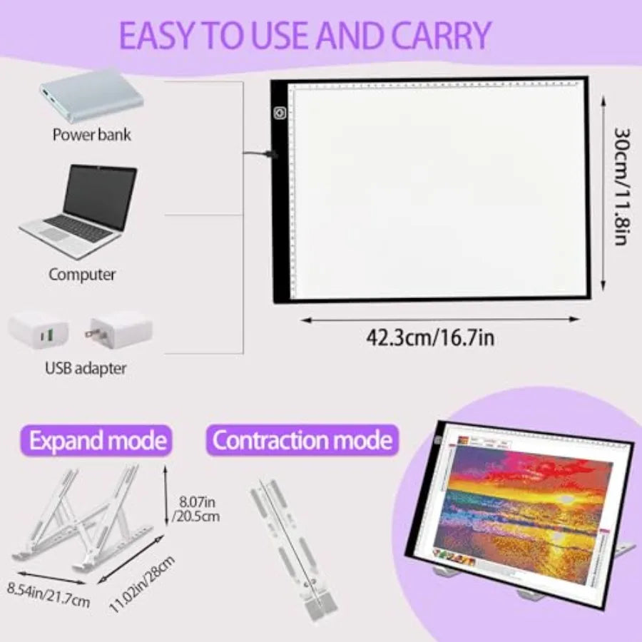 244Pcs All Inclusive Diamond Art Accessories Kit Diamond Painting LED Light Pad Set with Diamond Art Sealer Glue Stand Storage