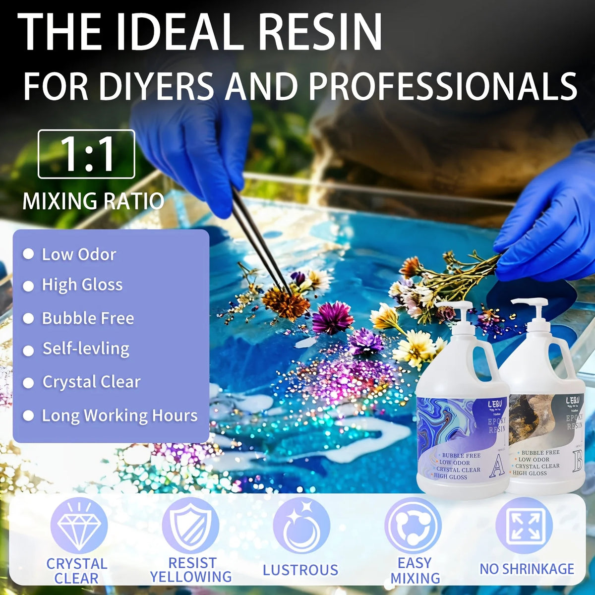 LEQU 2Gallon Crystal Epoxy Resin Bubble-free and Transparent, Ideal for Tabletop Casting, Jewelry Making, and DIY Resin Projects