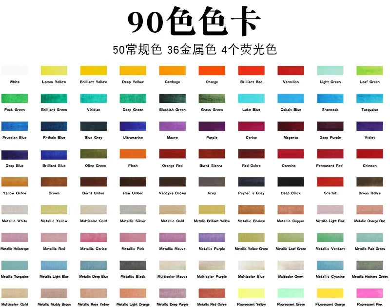 50/90 Color Solid Watercolor Paint Set Glitter Portable Metal Box Watercolor Pigment squirrel hair brush nail art