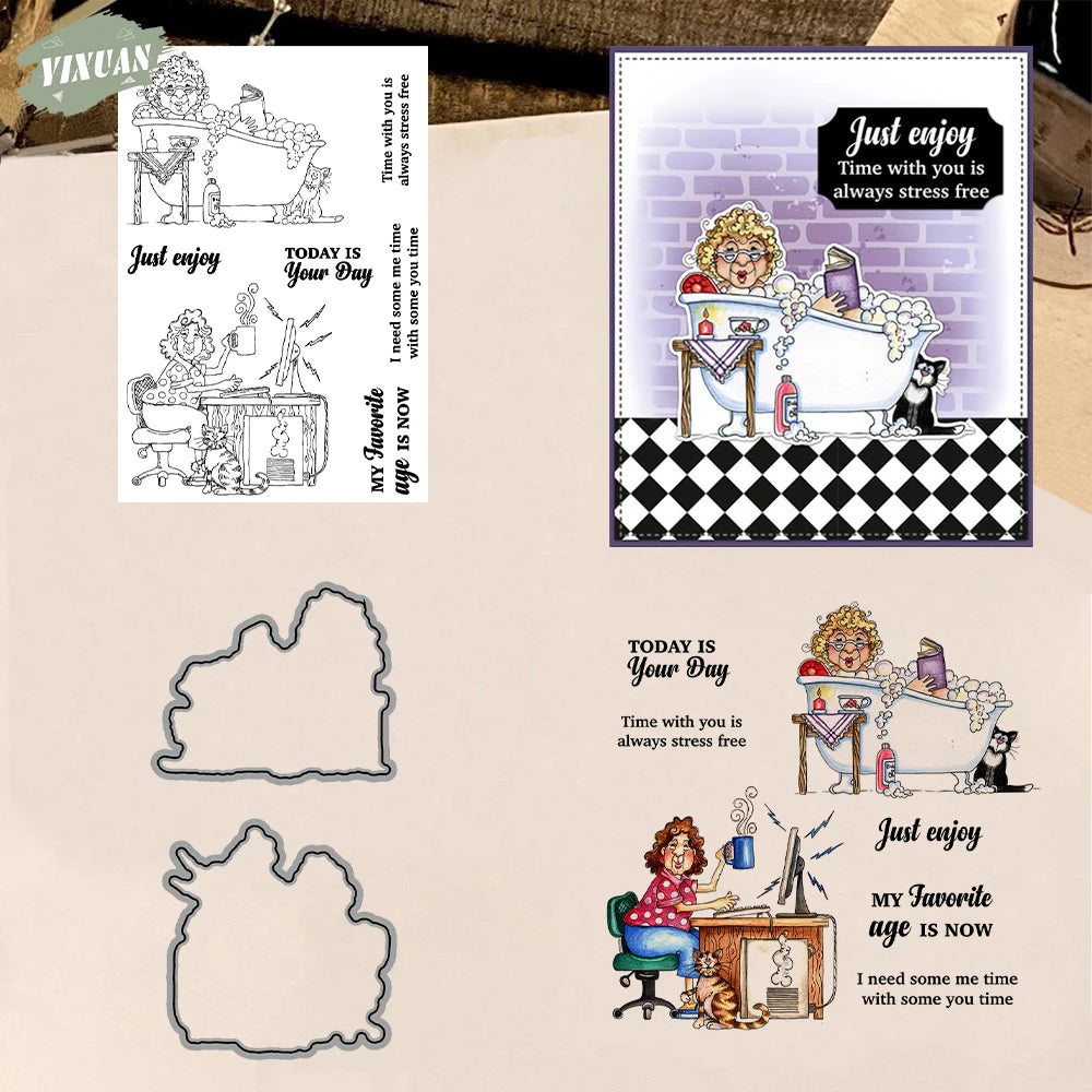 Relaxing Old Lady Life Cutting Dies Clear Stamp Set DIY Scrapbooking Metal Dies Silicone Stamp For Card Making Albums Decor