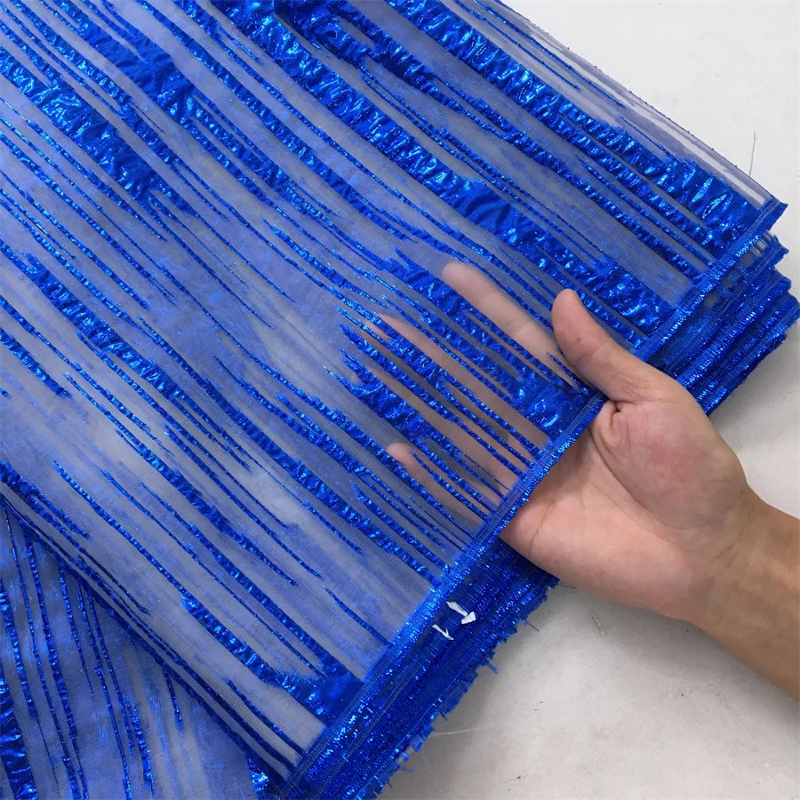 SJD LACE Nigerian Tulle Mesh Brocade Lace Fabric 5Yards French Metallic Stripe Sheer DIY Sewing Material For Women Wedding Prom Party Evening Formal Gown African Style Cloth 4096