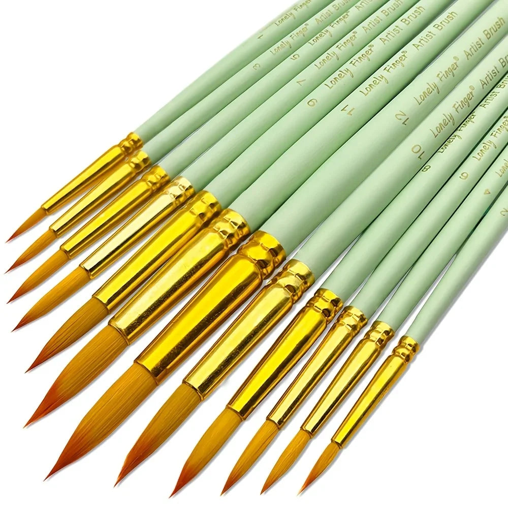 12pcs Premium Artist Paint Brush Set - Soft Synthetic Nylon, Versatile Round Pointed Tips for Acrylic, Watercolor, Oil & Gouache