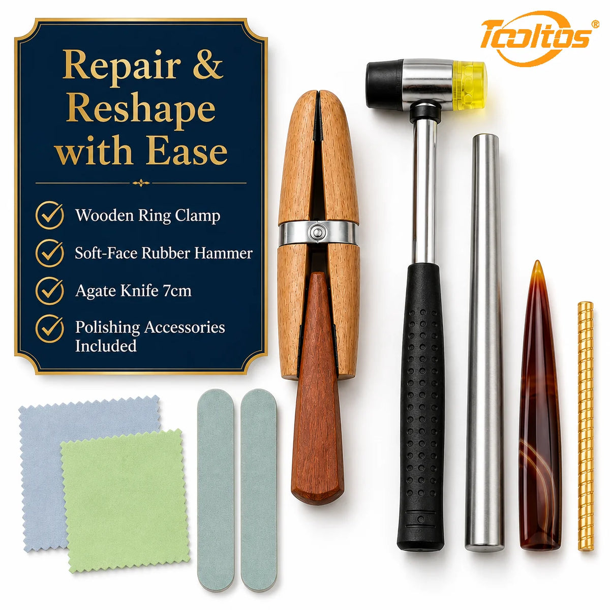 TOOLTOS 13PCS Ring Sizing Tool Kit with Mandrel Sizer Gauge Ring Enlarger Hammer Measuring Belt Jewelry Repair Making Tools