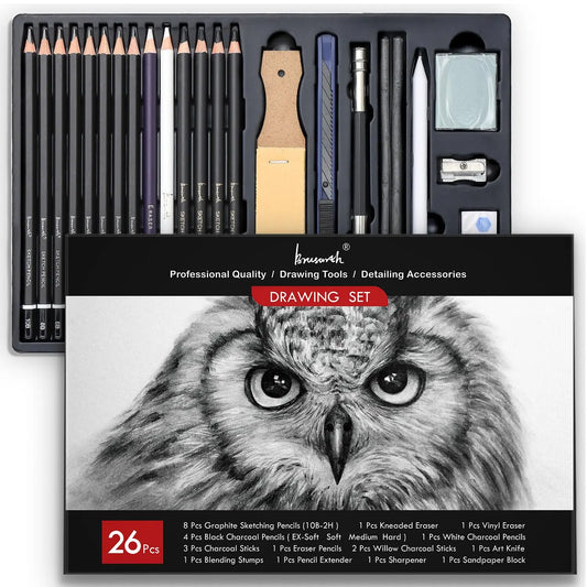 Professional Charcoal Pencils, 26 Pack Sketching Set with Blending, Art Supplies for Drawing Shading, for Adults & Students